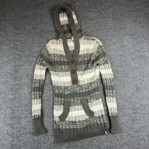 Roxy Sweater Dress Womens Large Gray Striped Hooded Tunic V Neck Pockets Knit